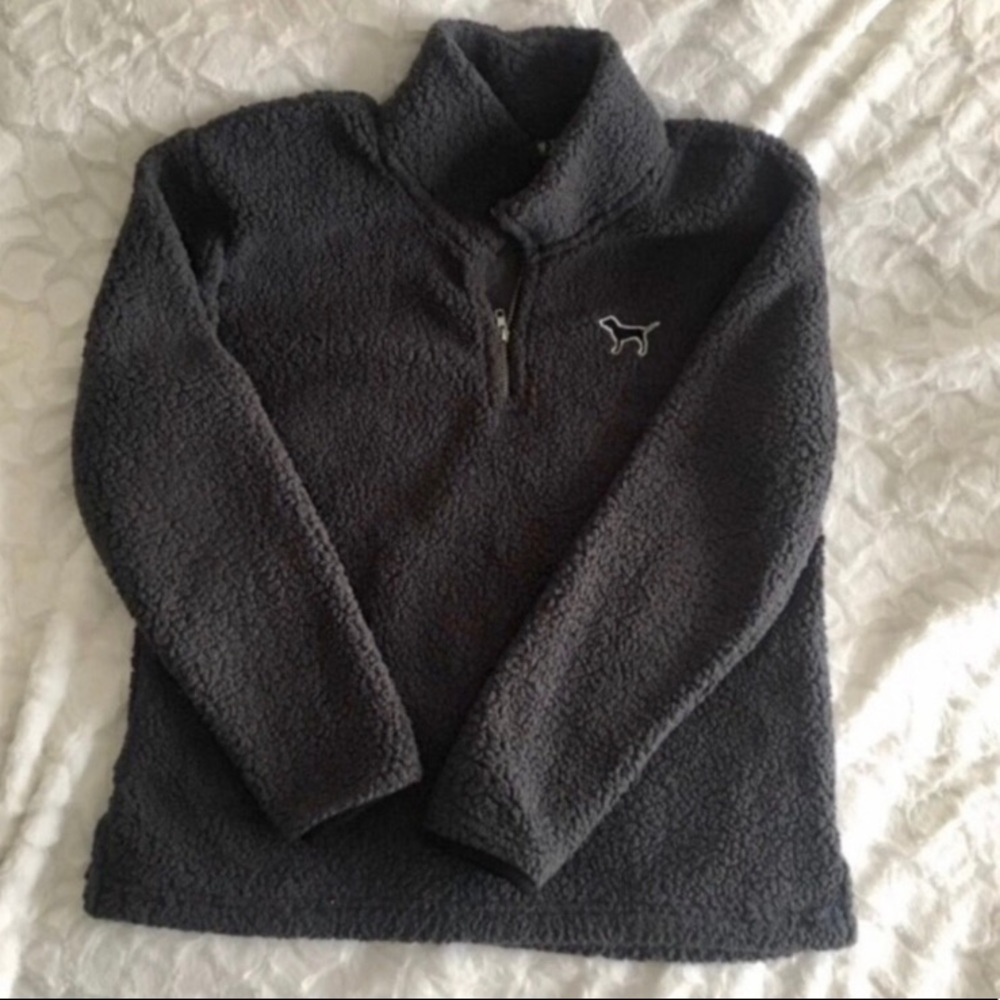 VS PINK Charcoal 1/4 Zip teddy Sherpa
